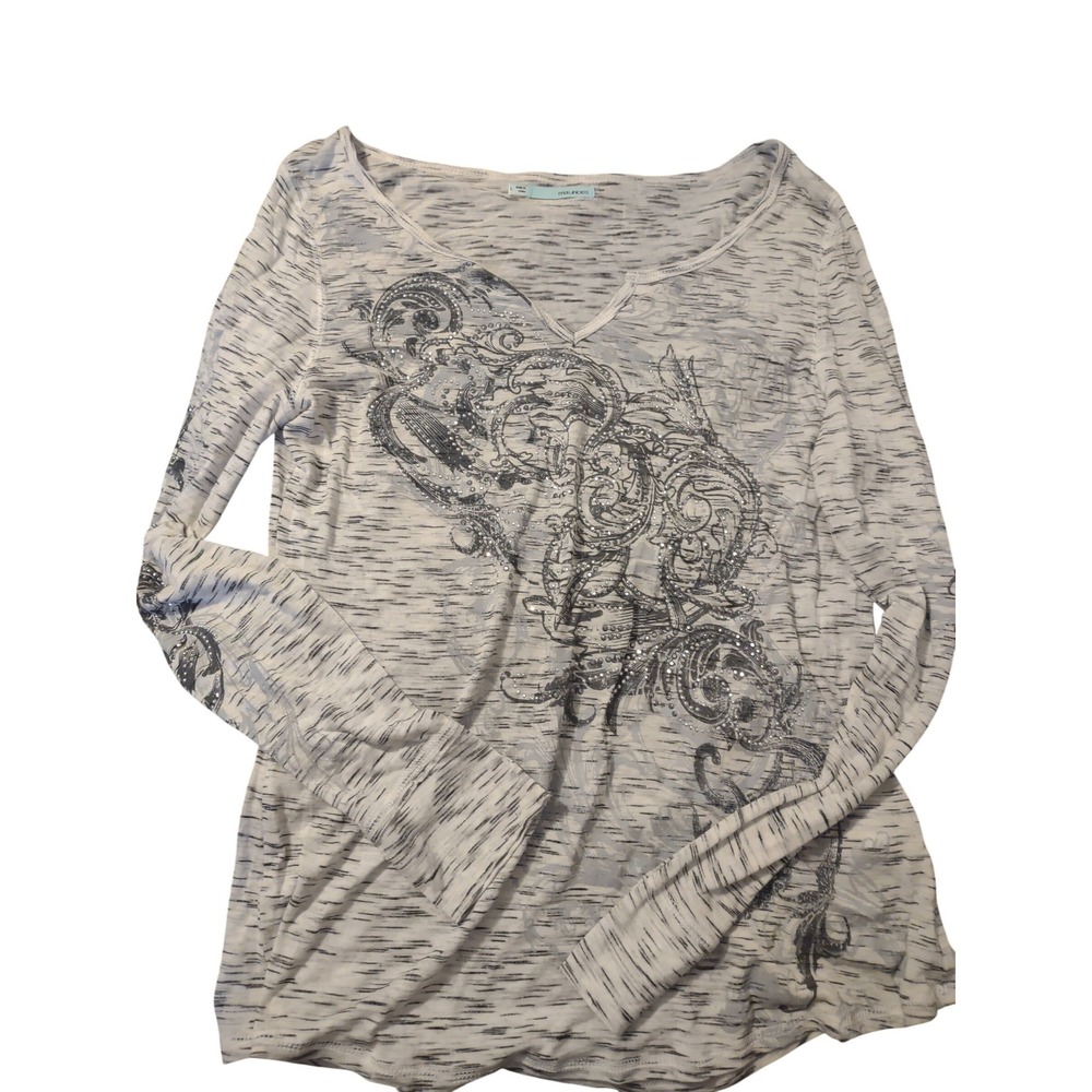 Maurices  Large Gray White Space Dye Rhinestone Long Sleeve Graphic Top Grunge